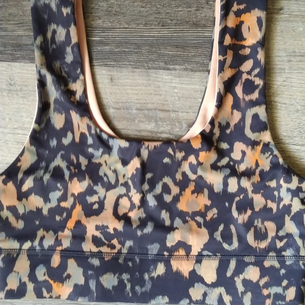 Fabletics Leopard Print Sports Bra in Navy, Tan & Peach